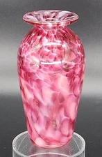 Signed Sunspots Studio Art Glass Pink Vase Magenta White Confetti Swirl 6.25"T