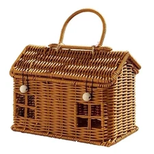 Imitation Rattan House Shaped Basket with Lid, Decorative Hand Woven Shelf4216