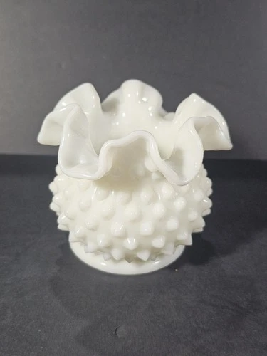 Vintage Fenton Hobnail Milk Glass Ruffled Edge Miniature Vase