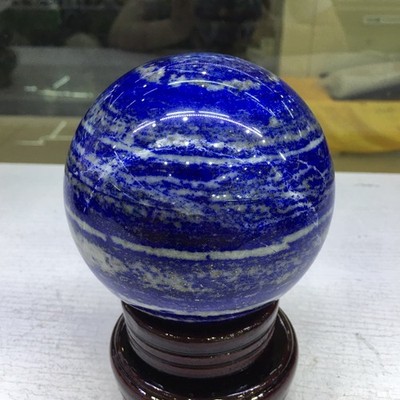 Big Striped Lapis Lazuli Sphere Wooden Base Wisdom Focus Spiritual Home Stone