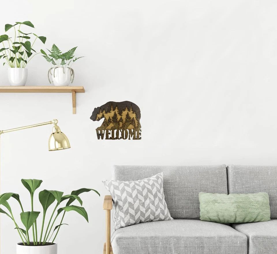 Rustic Bear with Wilderness Welcome Sign Laser Cut Dark Walnut and Golden Oak - Image 2 of 4