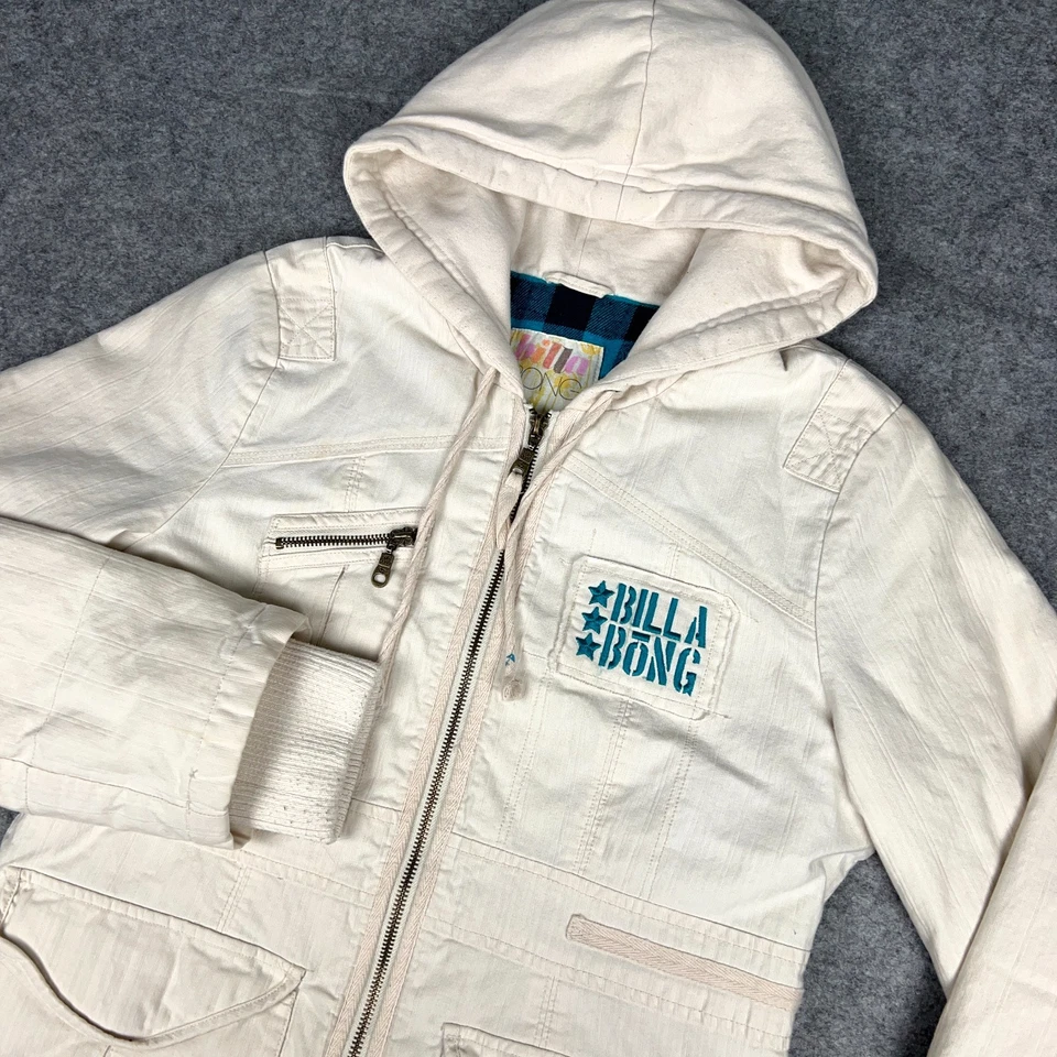 De Colección Chaqueta Billabong Niñas XL Crema Bolsillos Utilitarios Cremallera Completa Franela Forrada Y2K Foto 2 de 4