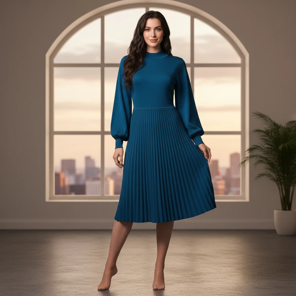 women's nina leonard balloon sleeve pleated midi sweater dress Nina Leonard Long Sleeve Women's Midi for sale