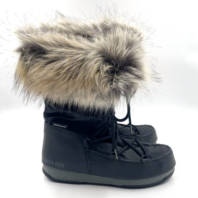 Moon Boot Monaco WP 2 Fur Trimmed Winter Boots Black Lace Up Canvas Sz 7 Women