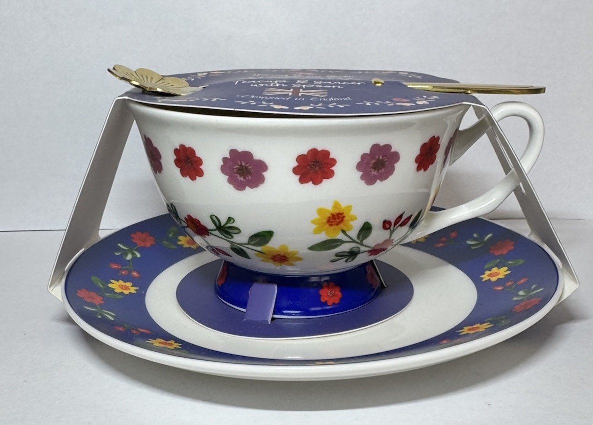 HARVEST GREEN STUDIO BLUE & WHITE WITH COLORFUL FLOWERS TEACUP SAUCER AND SPOON
