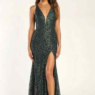 NWT Lulus Enchant The Evening Emerald Green Metallic Lace Maxi Dress