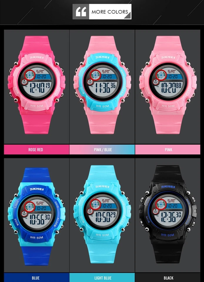 SKMEI 1477 Kinder LED Anzeige Sportuhr 50m Wasserdicht Digital Armbanduhr 5743 - Bild 4 von 4