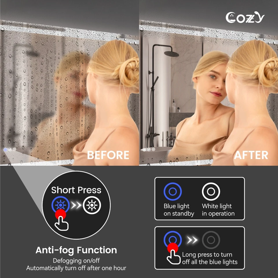 24x36'' LED Bathroom Mirror Wall Vanity Mirror Dimmable Anti-fog Tempered Glass - Image 3 of 4