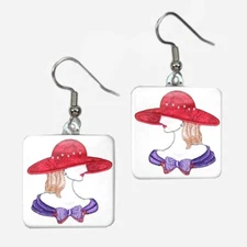 Red Hat Society Earrings Lady Wearing Purple Dress Ladies Meetings Glass Art