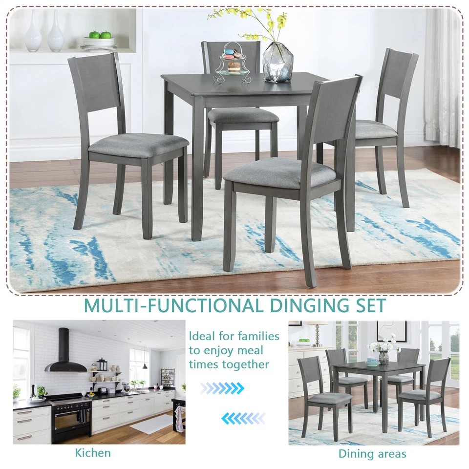 5 Piece Dining Set Kitchen Breakfast Furniture with 4 Upholstered Chairs Gray - Image 4 of 4
