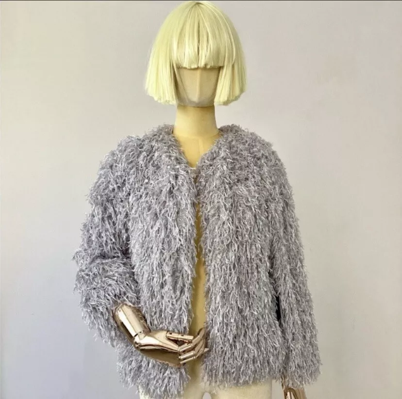 Zara Basic Grey/ Silver Feather Shimmery Textured Sweater Cardigan Jacket S