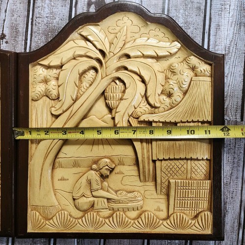 Vintage Asian Hand Carved Relief Wood 3D Wall Art Plaque Panel Village Scene - Picture 5 of 14