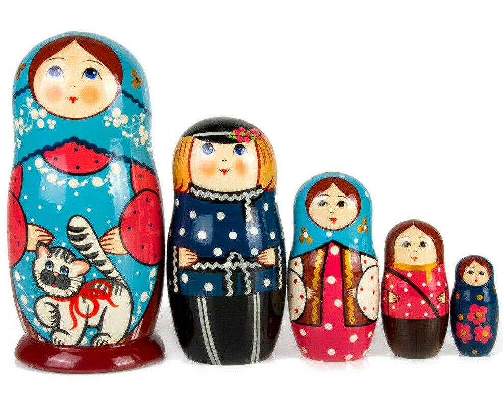 Russian Nesting Doll with Cat, Handmade, Wooden, 7-inch Russian Nesting Doll with Cat, Handmade, Wooden, 7-inch
