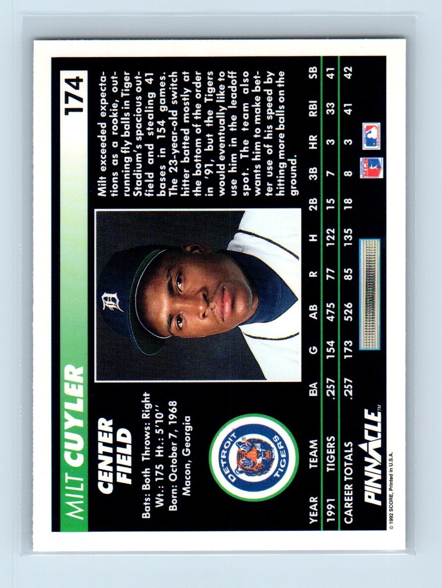 AWARD 1992年 1992 Pinnacle Milt Cuyler Detroit Tigers #174 | eBay