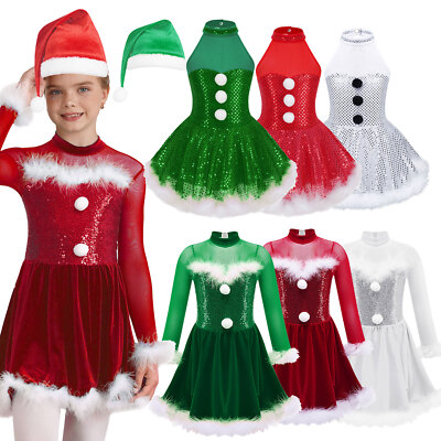 DE Kinder Mädchen Pailetten Ballettkleid Weihnachten Tanz Kostüm Tütü Rock Party