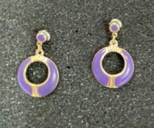 Purple Enamel Gold Tone Hoops Dangle Pierced Earrings mark W  H