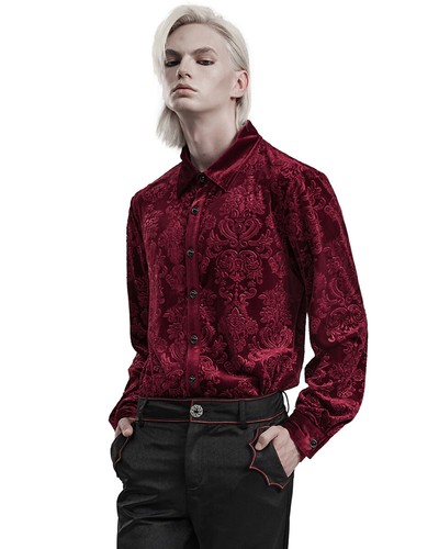 Punk Rave Mens Gothic Aristocrat Embossed Velvet Damask Shirt - Red - Picture 8 of 13
