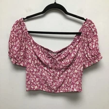 Elodie Womens Crop Top Pink Floral Puff Sleeve Smocked Blouse Rayon Tie M New