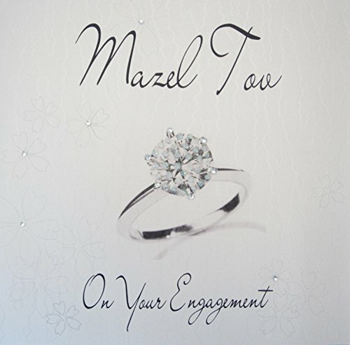 Tarjeta De Felicitación Mazel Tov Hecha A Mano - Anillo Con Diamante, Para Compromiso Judío, Blanco Algodón