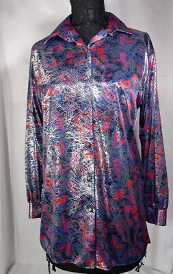 Orare Women Multicolor Psychedelic Satin Like Longsleeve Blouse Size 12