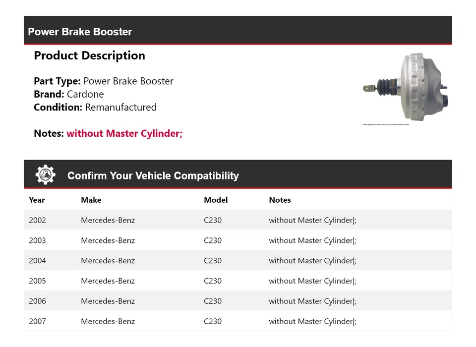 Para Mercedes-Benz C230 2002-2007 Power Brake Booster Cardone 2003 2004 2005 2006 Foto 2 de 4