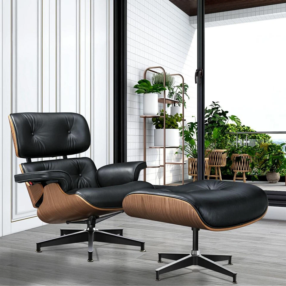 Walnut eames-style Lounge chair armchair and ottoman genuine leather Black - Image 3 of 4