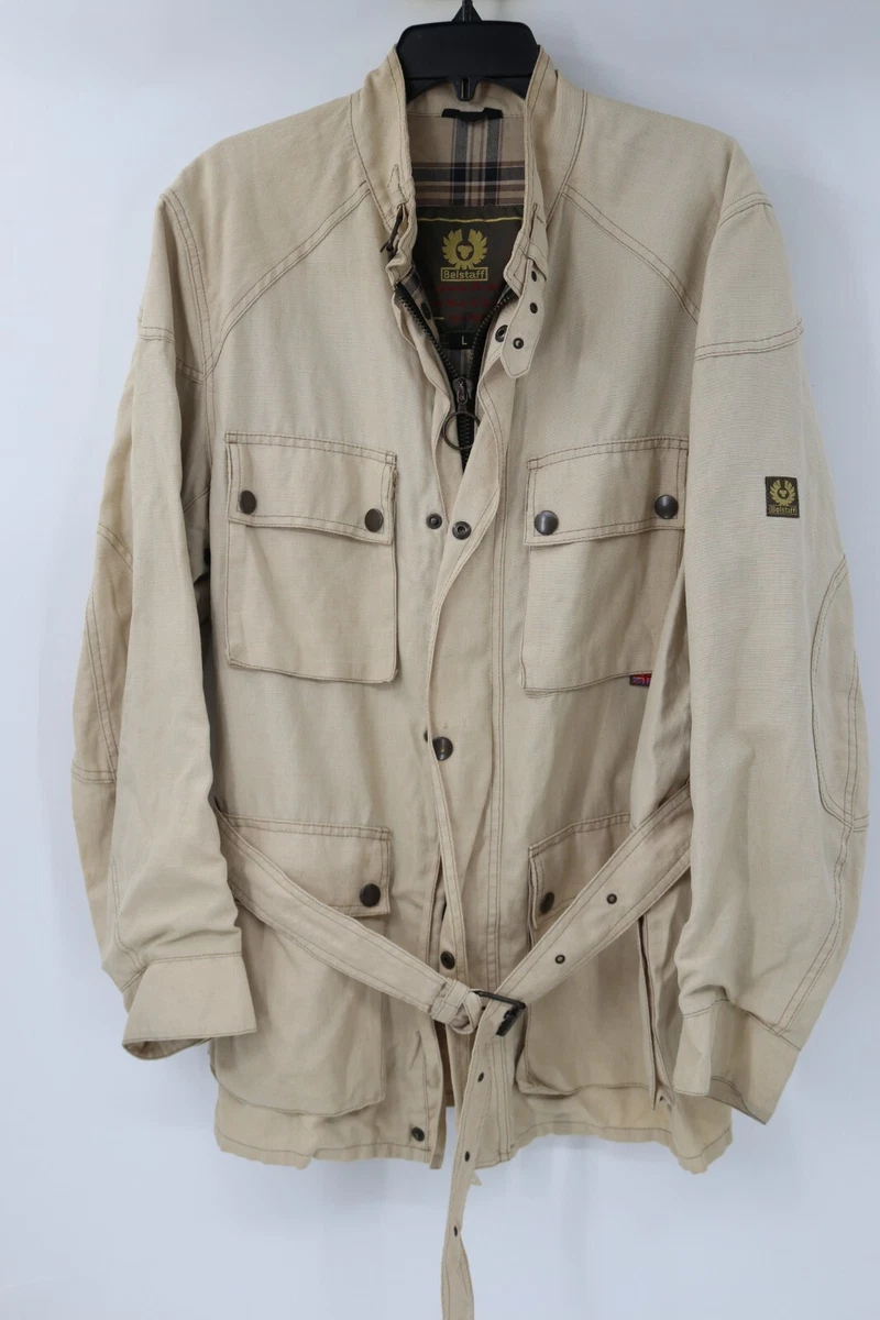 Belstaff Roadmaster Jacket Mens L Beige Linen Nylon Biker Coat belted half lined