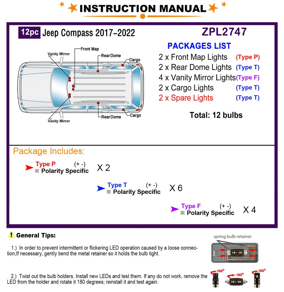 Kit de luces interiores LED para Jeep Compass 2017-2022 bombillas domo blancas actualización Foto 2 de 4