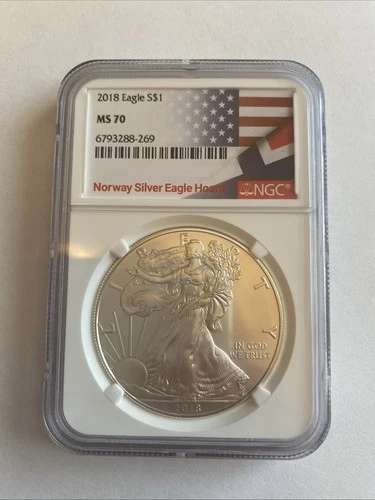 2018 AMERICAN SILVER EAGLE 1OZ NGC MS70 NORWAY SILVER EAGLE HOARD FLAG