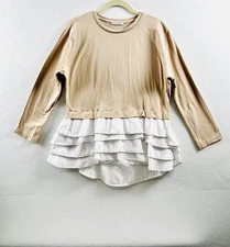 Hubert Gasser Women's Medium Tan White Cotton Ruffle Tiered Long Sleeve