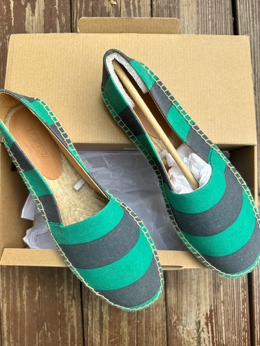 J. Crew Canvas Espadrille Blue Cap Toe Green Stripe Slip On Flats Womens Size 10 - Picture 4 of 7