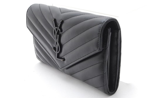 Rare* Saint Laurent Long Wallet Purse YSL Leather V stitch Black - Picture 3 of 15