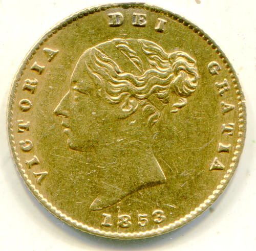 UK Half gold sov'gn 1853 stunning coin Ex mounted KM-735 4.0 grams    lotapr5670