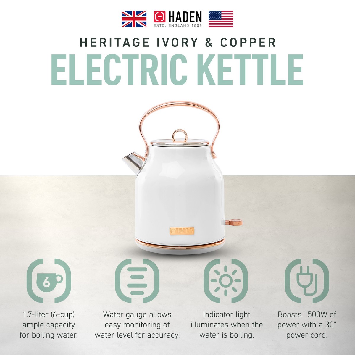 Haden Liter Stainless Steel Electric Water Kettle Ivory