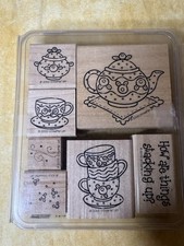 Stampin' Up Vintage 2000 "Teacups" Seven Piece Set of Wooden Rubber Stamps