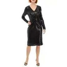 NWT 148 Black Sequin V Neck Twist Front Long Sleeve Midi Dress SZ 8