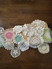 Lot of 14 Vintage Handmade Doilies. Various Sizes As Shown.