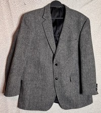 Harris Tweed Herringbone Sport Coat Mens 46L Gray Wool Black Leather Button