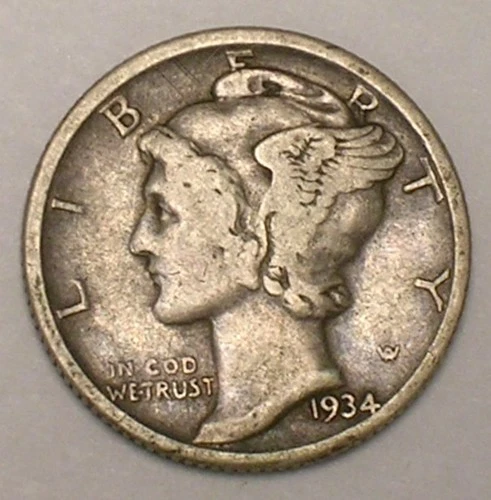 1934 Mercury Winged Head Dime 10 Cents Silver Coin VF