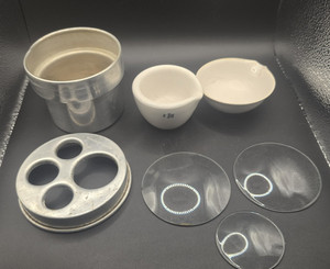 Vintage lab holder, porcelain mortar, evaporating dish and glass pieces