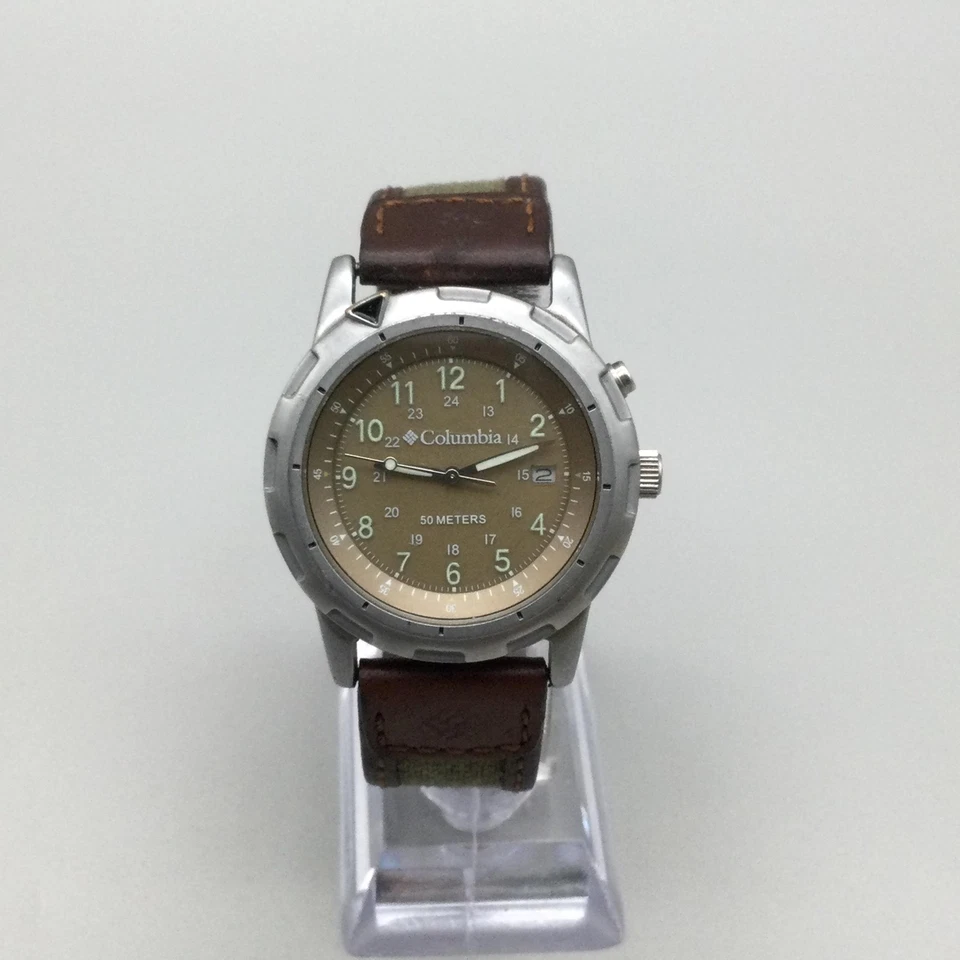 Reloj Columbia Hombre 38mm Tono Plateado Fecha 50M Correa Lona CL-1090 Batería Nueva Foto 2 de 4