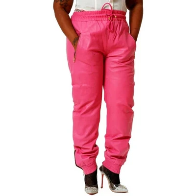 Nouveau pantalon de jogging en cuir rose pour femmes. Pantalon en cuir de mou... - Photo 1/4