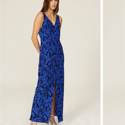 Saunders Blue Black Rose Maxi Slip Dress SIZE 4 Cocktail Formal Designer $355