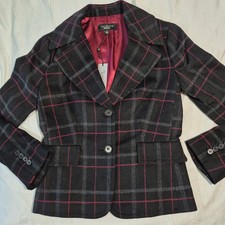 NWT TALBOTS KATE FIT BLAZER PLAID SZ 2 BLACK GRAY RED PLAID WOOL BLEND Sz 2