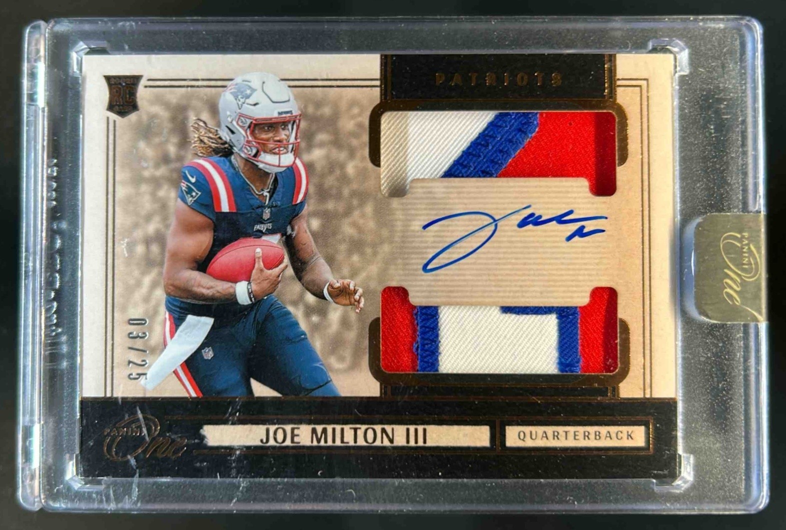 2024 Panini One Joe Milton III Rookie Dual Patch Auto Bronze RC #3/25 Patriots