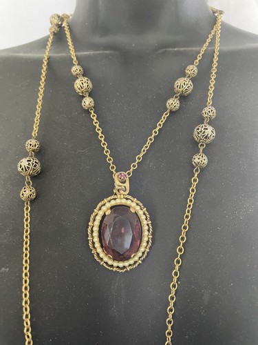 "Collar colgante cadena Art Deco estación de cuentas bola filigrana oro Vermeil de colección 58""" - Imagen 9 de 22