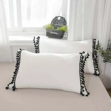 Black Fringe Pillowcases Washed Cotton Pillow Sham Fringe Rolls White Throw