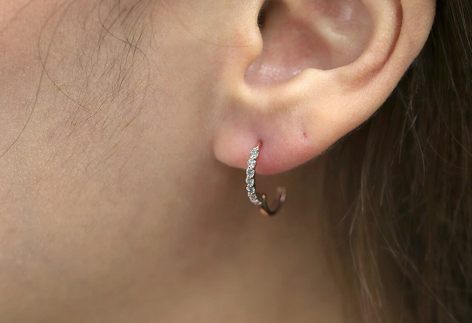 14K Gold Hoop Earrings/Minimal Diamond Hoop Earrings/Diamond Dainty Earrings - Image 2 of 4