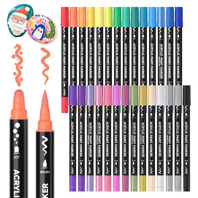 28 Colors Dual Tip Acrylic Paint Markers, Brush Tip and Dot Tip Acrylic Paint...