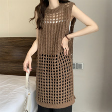 Ladies Hollowed Out Knitted Long Camisole Vest Top Sleeveless Summer Beachwear